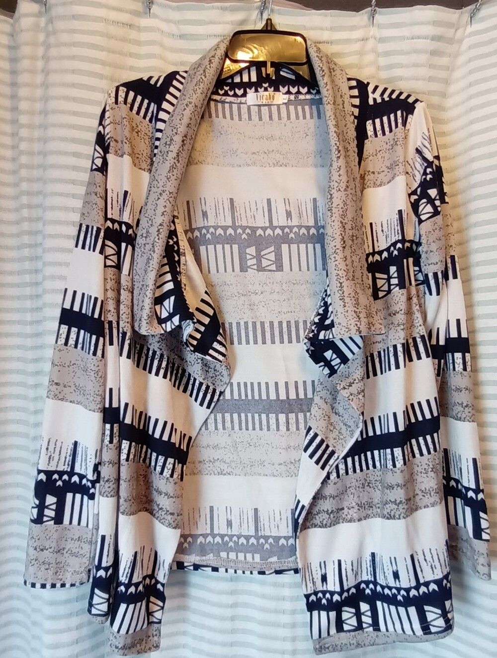 Lightweight Geometric Print Open Cardigan - Beige & Navy -